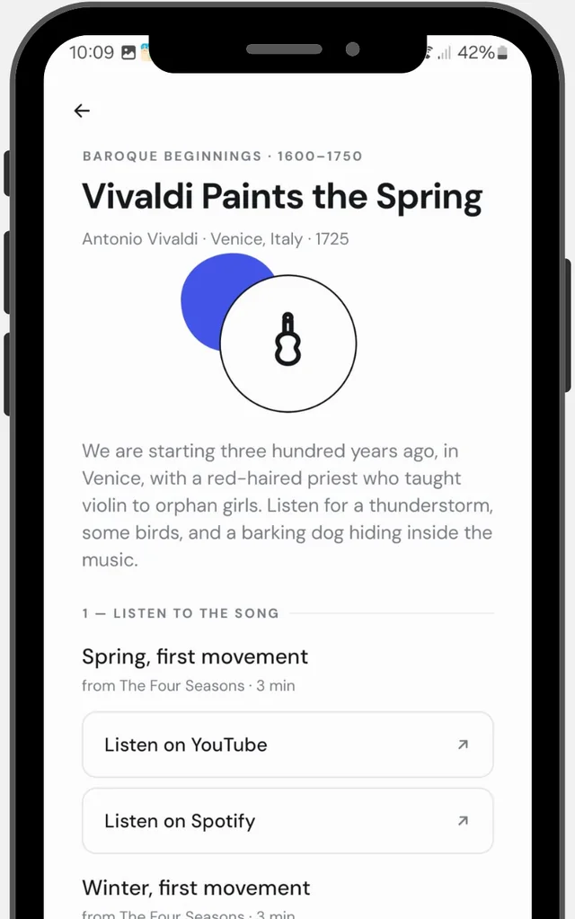 A stop screen: Vivaldi Paints the Spring, with what to listen for and links to YouTube and Spotify
