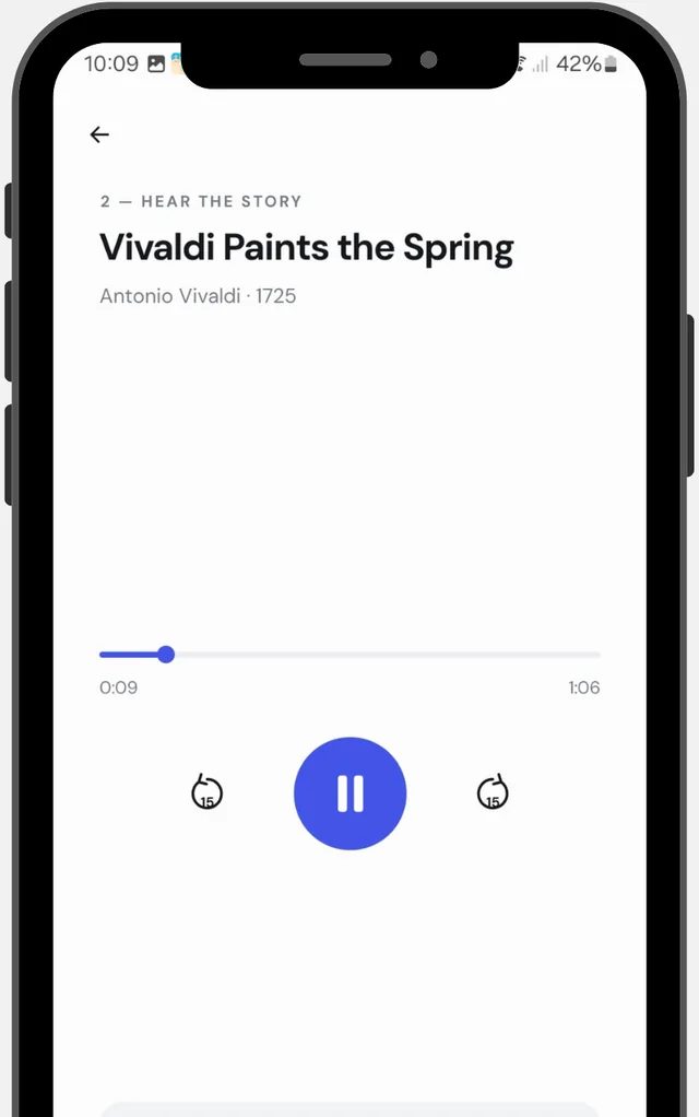 The story player: a one-minute story about Vivaldi, with play and skip controls